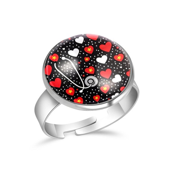 PhooArto Stethoscope Patterns Stainless Steel Rings for Women, Open Adjustable Ring Promise Ring Jewelry Gifts