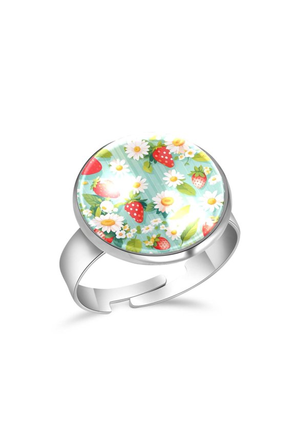 Strawberry Daisy Flowers Pattern Stainless Steel Rings for Women, Open Adjustable Ring Promise Ring Jewelry Gifts