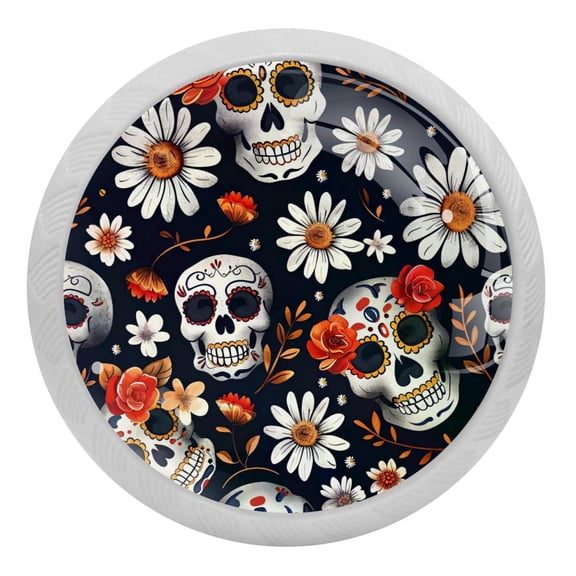 PhooArto Sugar Skull Daisy Floral Pattern 4 PCS Crystal Glass Cabinet Knobs, Drawer Kitchen Cabinets Dresser Cupboard Wardrobe Pulls Handle - Glowing in the Dark