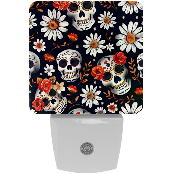 PhooArto Sugar Skull Daisy Floral Pattern Plug in LED Night Light Auto Sensor Dusk to Dawn Decorative Night for Bedroom, Bathroom, Kitchen, Hallway, Stairs, Baby's Room, Energy Saving