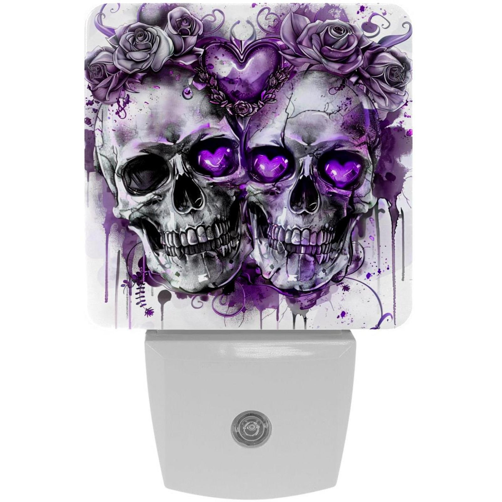 PhooArto Sugar Skull Purple Love Floral Plug in LED Night Light Auto Sensor Dusk to Dawn Decorative Night for Bedroom, Bathroom, Kitchen, Hallway, Stairs, Baby's Room, Energy Saving