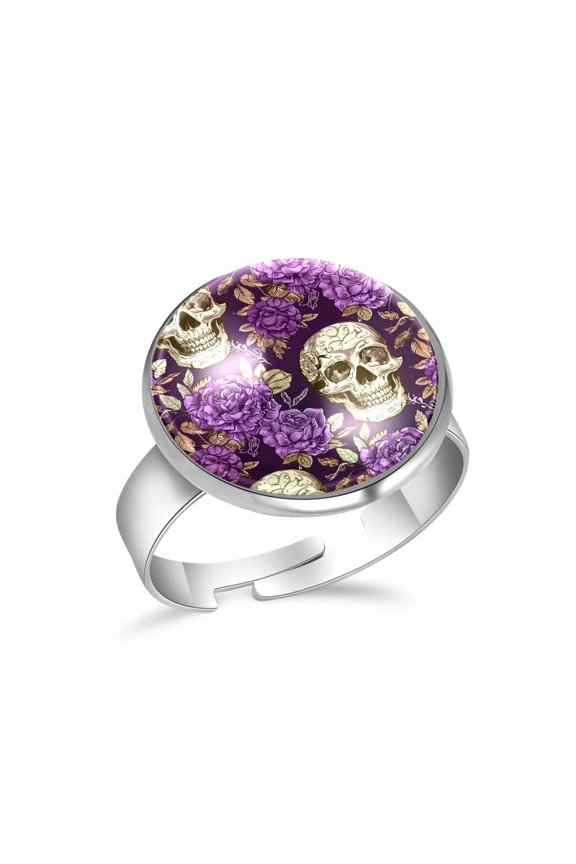 Sugar Skull Purple Rose Pattern Stainless Steel Rings for Women, Open Adjustable Ring Promise Ring Jewelry Gifts