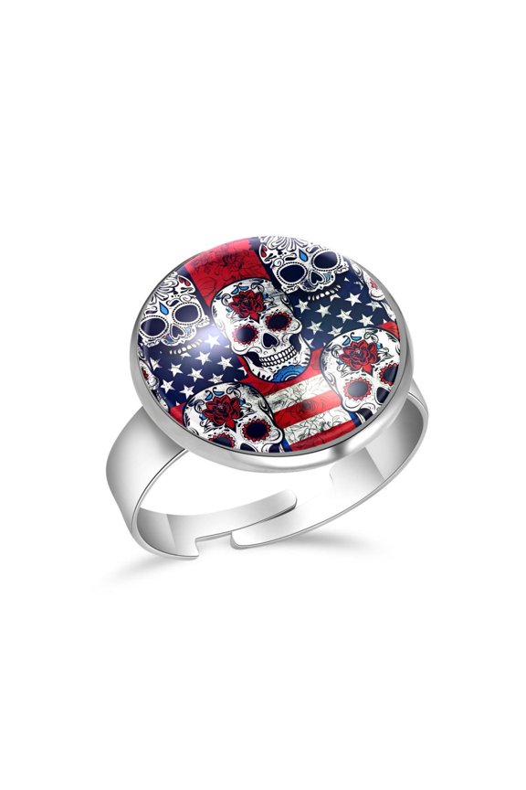 Sugar Skull USA Flag Stainless Steel Rings for Women, Open Adjustable Ring Promise Ring Jewelry Gifts