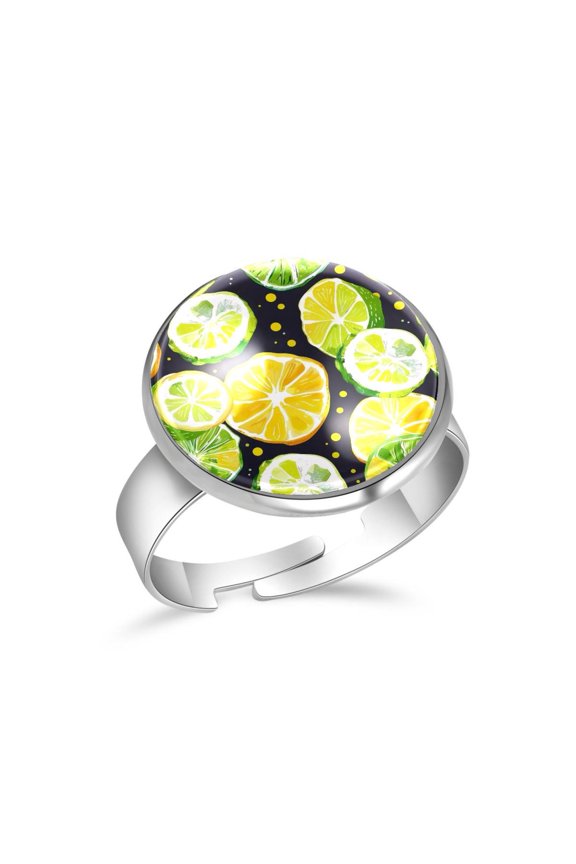 Summer Lemon Citrus Lime Pattern Stainless Steel Rings for Women, Open Adjustable Ring Promise Ring Jewelry Gifts