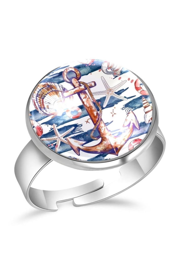 Summer Pattern with Sea Shells Anchor Stainless Steel Rings for Women, Open Adjustable Ring Promise Ring Jewelry Gifts