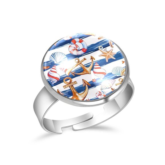 PhooArto Summer Sea Shells Anchor Pattern Stainless Steel Rings for Women, Open Adjustable Ring Promise Ring Jewelry Gifts