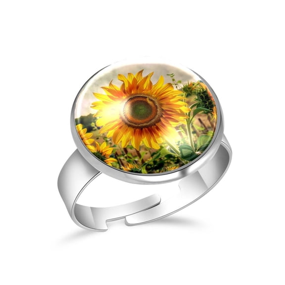 PhooArto Summer Sunflower Bloom Stainless Steel Rings for Women, Open Adjustable Ring Promise Ring Jewelry Gifts