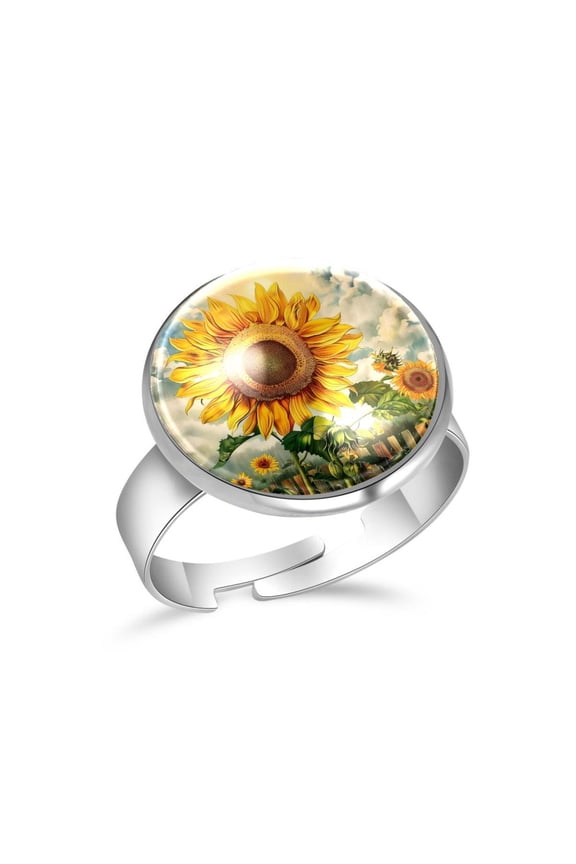Summer Sunflower Stainless Steel Rings for Women, Open Adjustable Ring Promise Ring Jewelry Gifts