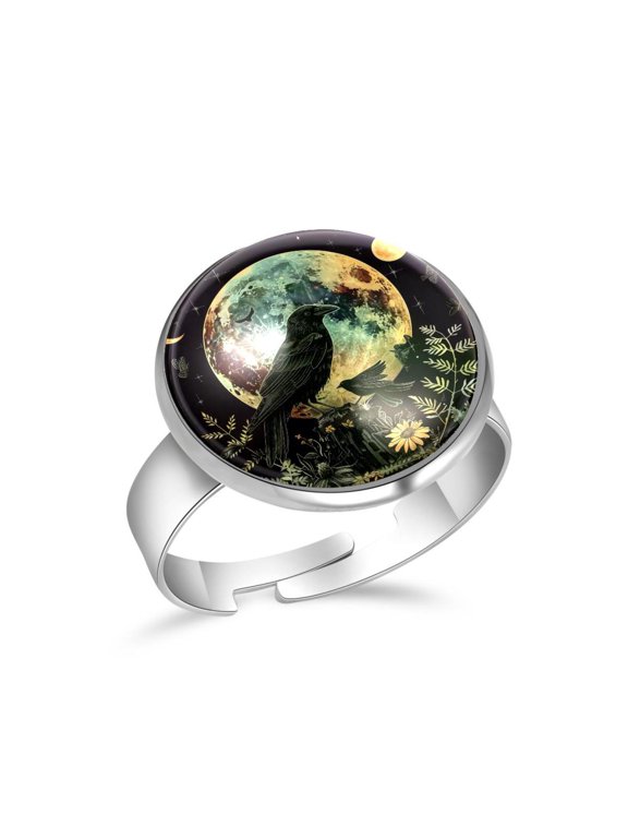 Sun Moon Black Crow Stainless Steel Rings for Women, Open Adjustable Ring Promise Ring Jewelry Gifts