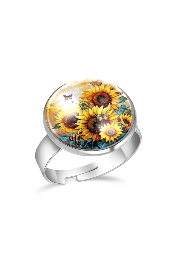 Sunflower Bee Butterflies Stainless Steel Rings for Women, Open Adjustable Ring Promise Ring Jewelry Gifts