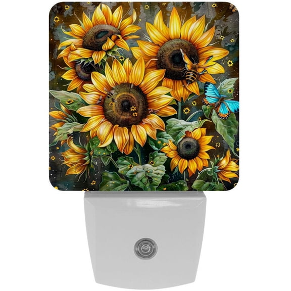 PhooArto Sunflower Bee Butterfly Plug in LED Night Light Auto Sensor Dusk to Dawn Decorative Night for Bedroom, Bathroom, Kitchen, Hallway, Stairs, Baby's Room, Energy Saving