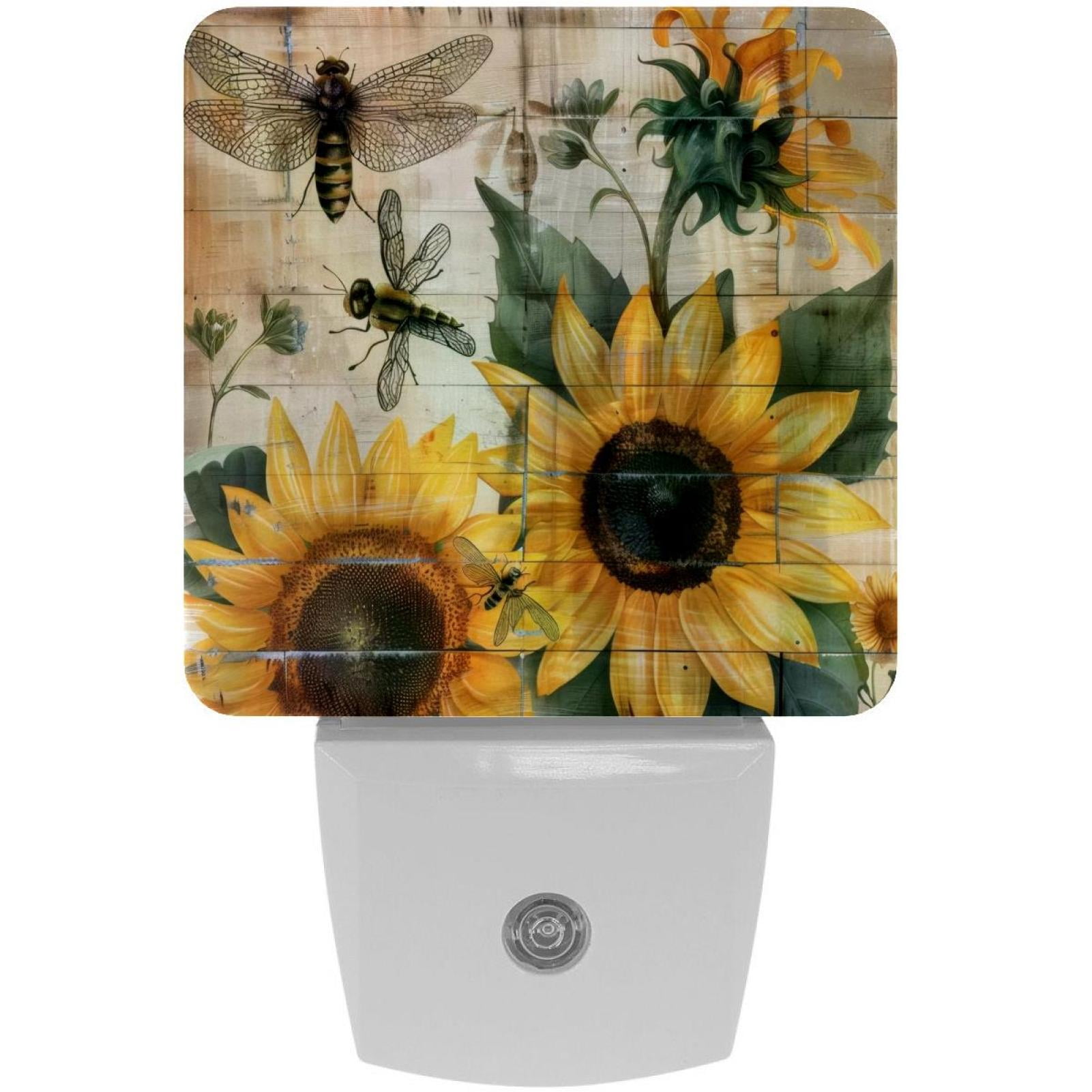 PhooArto Sunflower Bee on Rustic Wooden Plug in LED Night Light Auto Sensor Dusk to Dawn Decorative Night for Bedroom, Bathroom, Kitchen, Hallway, Stairs, Baby's Room, Energy Saving
