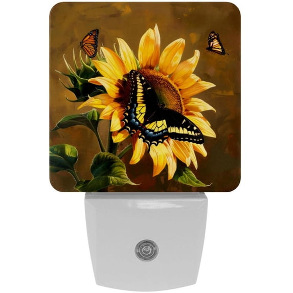 PhooArto Sunflower Butterfly Painting Plug in LED Night Light Auto Sensor Dusk to Dawn Decorative Night for Bedroom, Bathroom, Kitchen, Hallway, Stairs, Baby's Room, Energy Saving