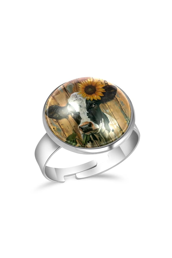Sunflower Cow Wooden Board Stainless Steel Rings for Women, Open Adjustable Ring Promise Ring Jewelry Gifts