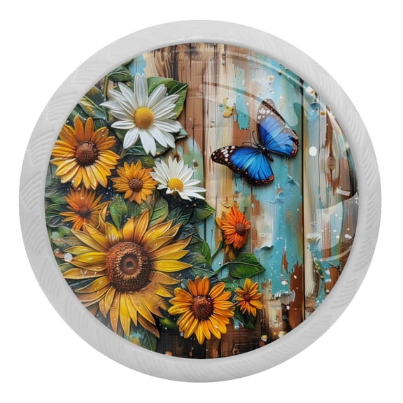 PhooArto Sunflower Daisy Butterfly Wooden 4 PCS Crystal Glass Cabinet Knobs, Drawer Kitchen Cabinets Dresser Cupboard Wardrobe Pulls Handle - Glowing in the Dark