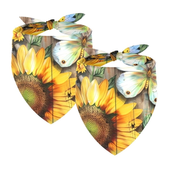 PhooArto Sunflower Daisy Floral Butterfly on Wooden Dog Bandanas, 2 Pack Soft Washable Pet Scarf Triangle for Large Dogs Puppies and Cats