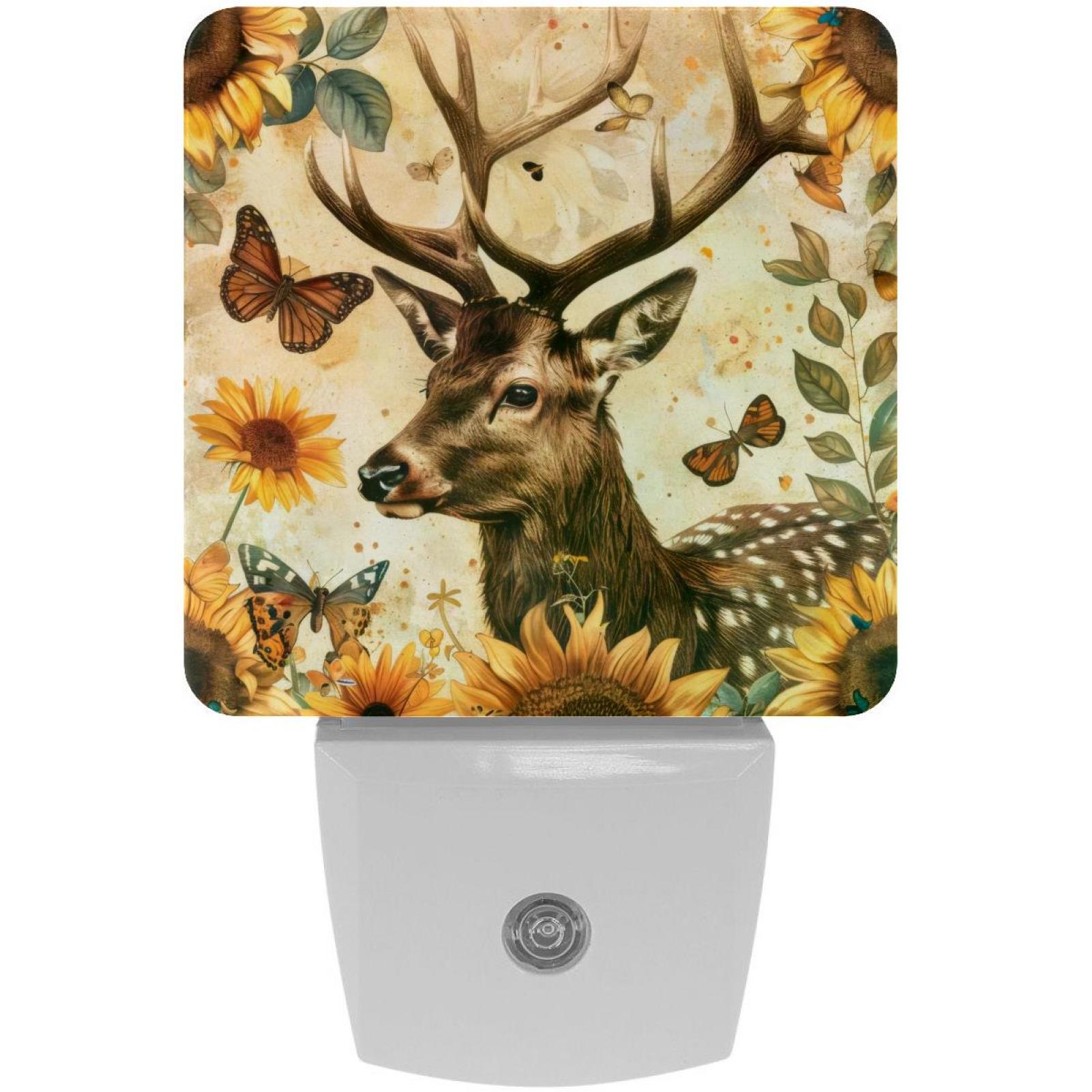 PhooArto Sunflower Deer Butterfly Vintage Plug in LED Night Light Auto Sensor Dusk to Dawn Decorative Night for Bedroom, Bathroom, Kitchen, Hallway, Stairs, Baby's Room, Energy Saving