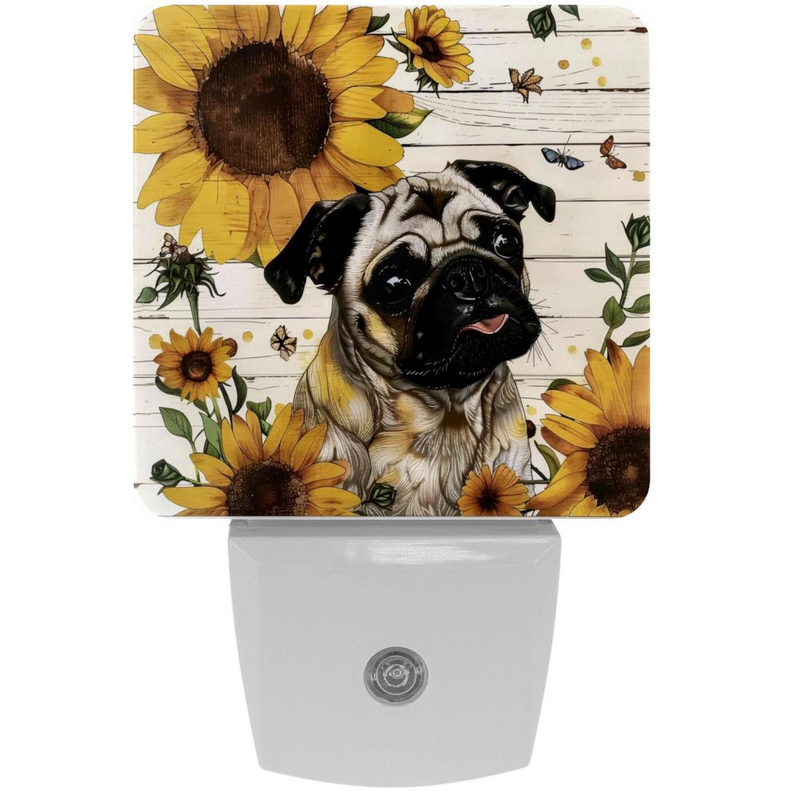 PhooArto Sunflower Pug Dog Wooden Board Plug in LED Night Light Auto Sensor Dusk to Dawn Decorative Night for Bedroom, Bathroom, Kitchen, Hallway, Stairs, Baby's Room, Energy Saving