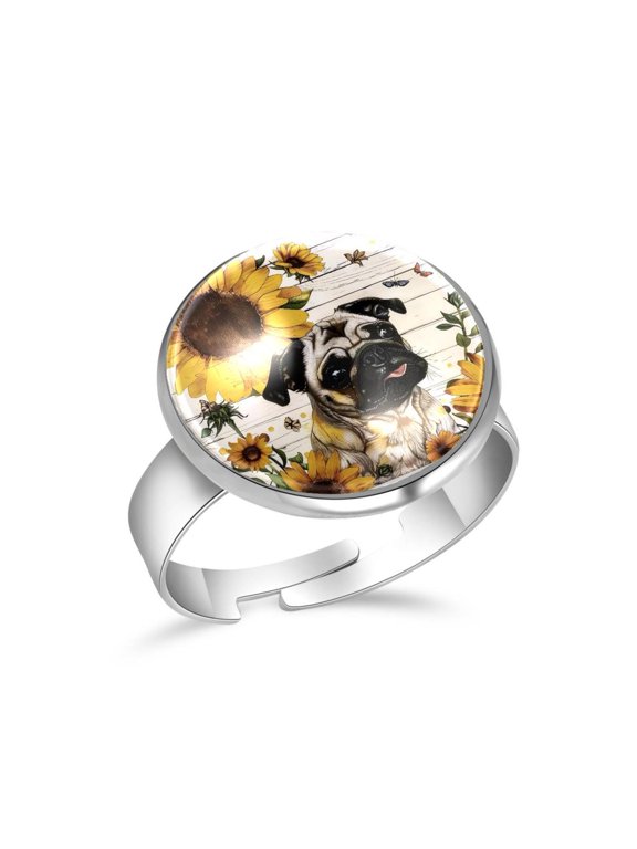 Sunflower Pug Dog Wooden Board Stainless Steel Rings for Women, Open Adjustable Ring Promise Ring Jewelry Gifts