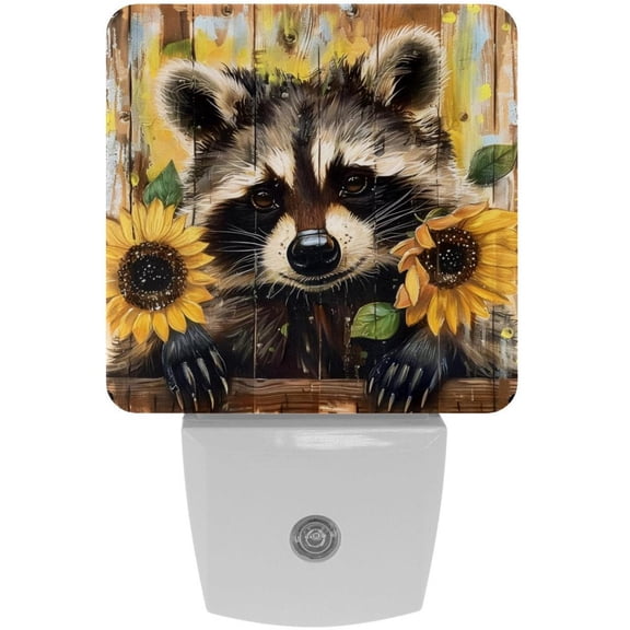 PhooArto Sunflower Raccoon Wooden Board Plug in LED Night Light Auto Sensor Dusk to Dawn Decorative Night for Bedroom, Bathroom, Kitchen, Hallway, Stairs, Baby's Room, Energy Saving