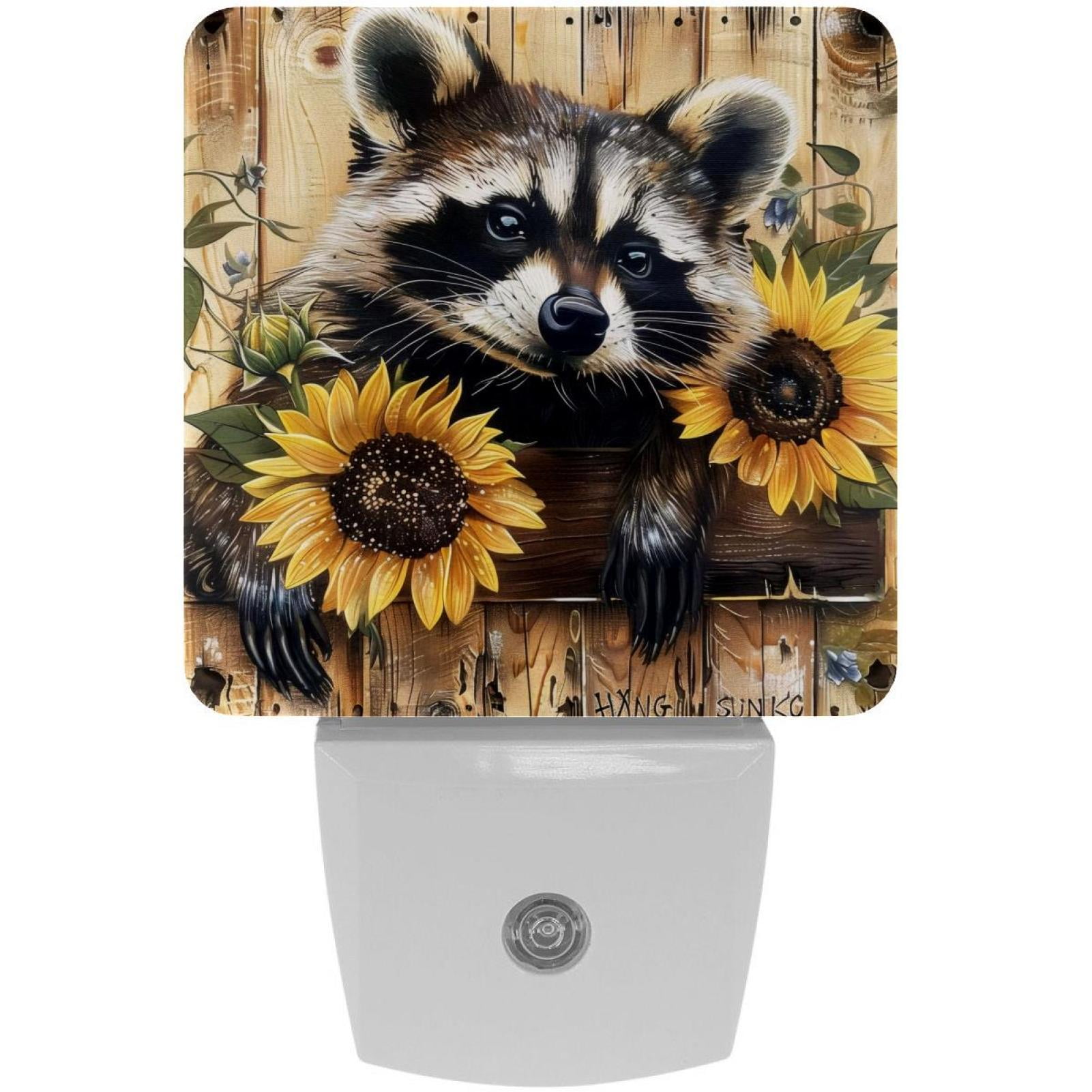 PhooArto Sunflower Raccoon in Wooden Board Plug in LED Night Light Auto Sensor Dusk to Dawn Decorative Night for Bedroom, Bathroom, Kitchen, Hallway, Stairs, Baby's Room, Energy Saving