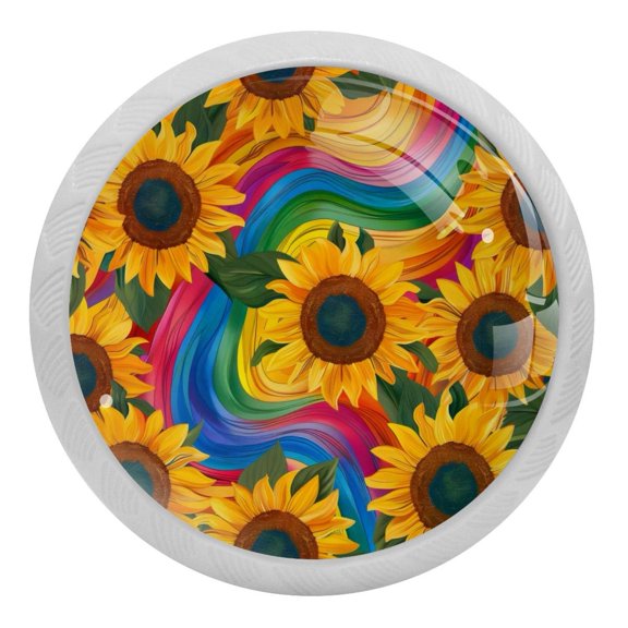 PhooArto Sunflower Rainbow Pattern 4 PCS Crystal Glass Cabinet Knobs, Drawer Kitchen Cabinets Dresser Cupboard Wardrobe Pulls Handle - Glowing in the Dark