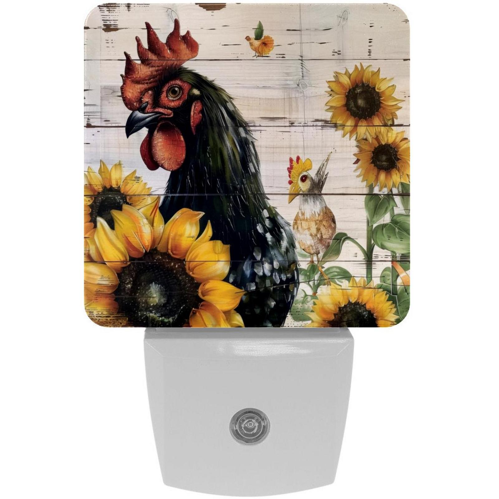 PhooArto Sunflower Rooster Wooden Board Plug in LED Night Light Auto Sensor Dusk to Dawn Decorative Night for Bedroom, Bathroom, Kitchen, Hallway, Stairs, Baby's Room, Energy Saving
