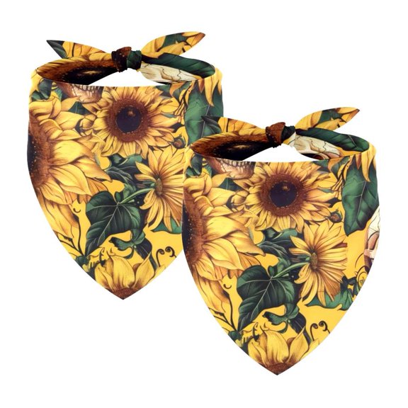 PhooArto Sunflower Skull Pattern Dog Bandanas, 2 Pack Soft Washable Pet Scarf Triangle for Large Dogs Puppies and Cats