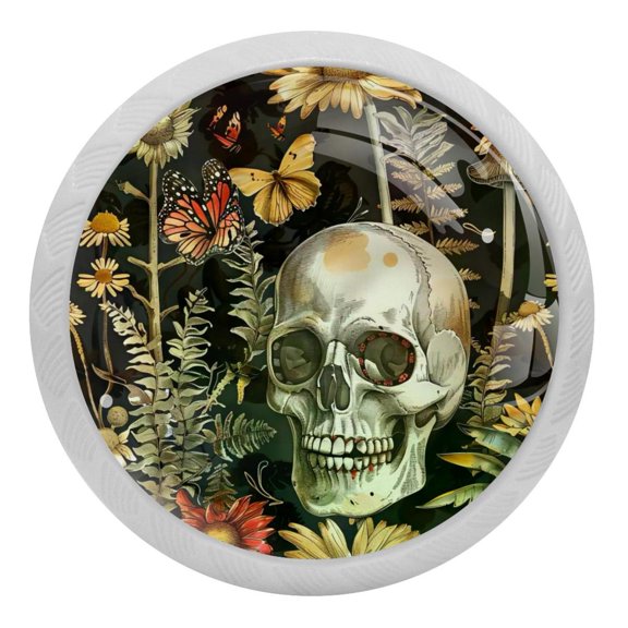 PhooArto Sunflower Skull Vintage 4 PCS Crystal Glass Cabinet Knobs, Drawer Kitchen Cabinets Dresser Cupboard Wardrobe Pulls Handle - Glowing in the Dark