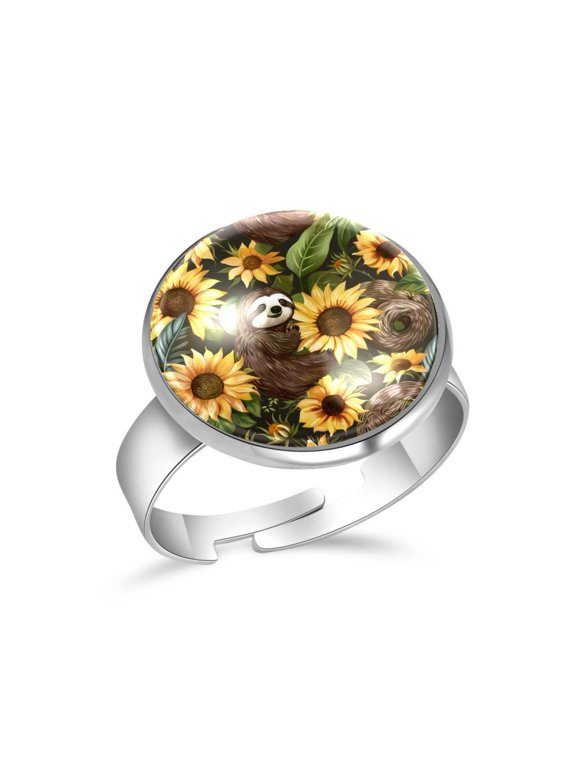 Sunflower Sloth Pattern Stainless Steel Rings for Women, Open Adjustable Ring Promise Ring Jewelry Gifts