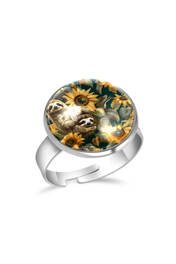 Sunflower Sloths Pattern Stainless Steel Rings for Women, Open Adjustable Ring Promise Ring Jewelry Gifts