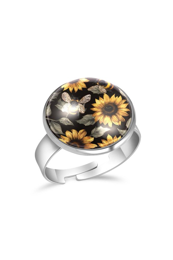Sunflower and Bee Pattern Stainless Steel Rings for Women, Open Adjustable Ring Promise Ring Jewelry Gifts