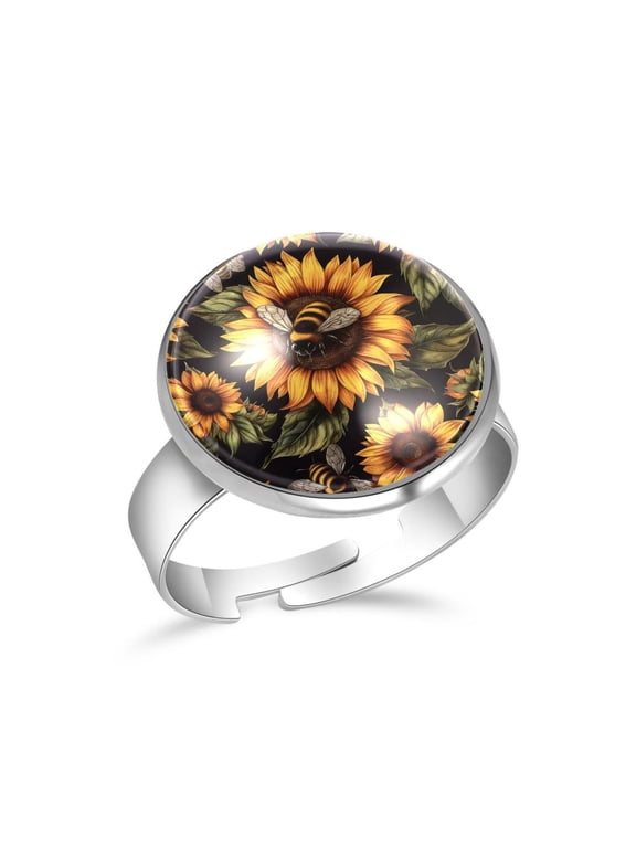 Sunflowers Bee Pattern Stainless Steel Rings for Women, Open Adjustable Ring Promise Ring Jewelry Gifts