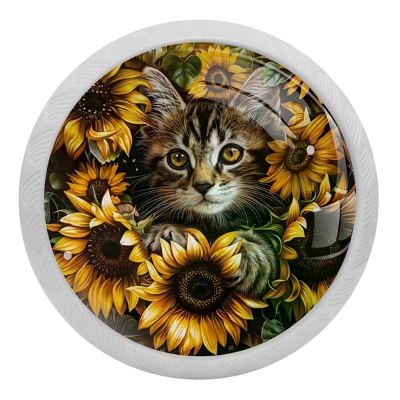 PhooArto Sunflowers Cat Kitten 4 PCS Crystal Glass Cabinet Knobs, Drawer Kitchen Cabinets Dresser Cupboard Wardrobe Pulls Handle - Glowing in the Dark