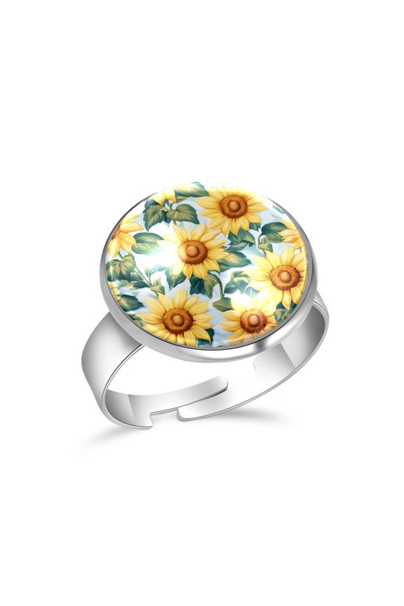 Sunflowers Cute Pattern Stainless Steel Rings for Women, Open Adjustable Ring Promise Ring Jewelry Gifts