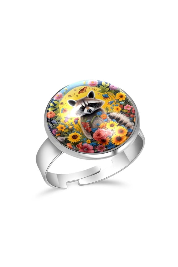 Sunflowers Raccoon at Night Stainless Steel Rings for Women, Open Adjustable Ring Promise Ring Jewelry Gifts