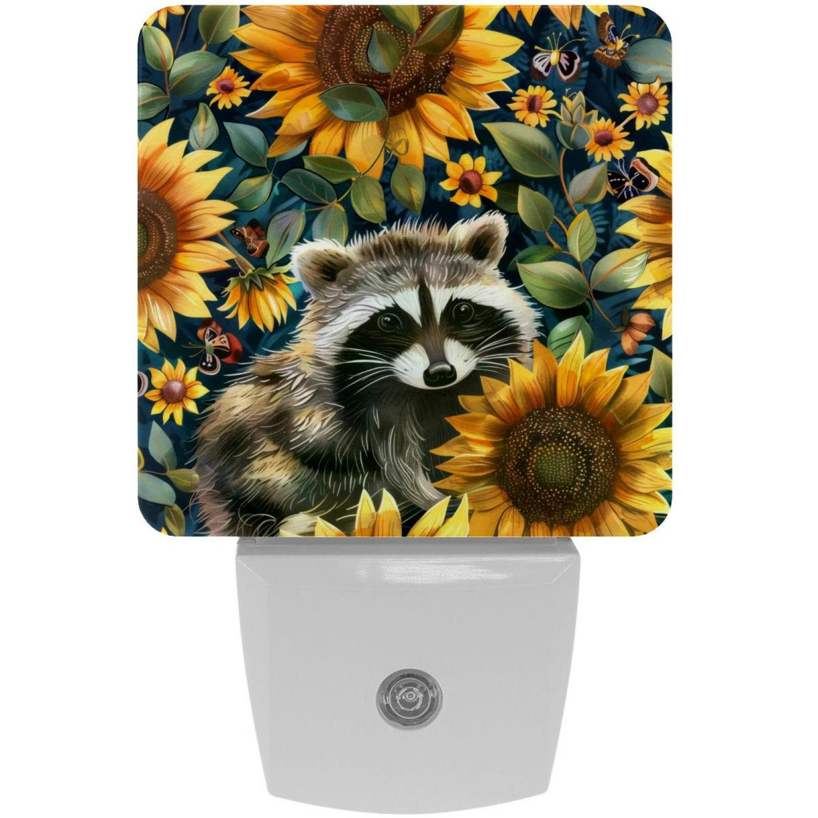 PhooArto Sunflowers and Raccoons Pattern Plug in LED Night Light Auto Sensor Dusk to Dawn Decorative Night for Bedroom, Bathroom, Kitchen, Hallway, Stairs, Baby's Room, Energy Saving