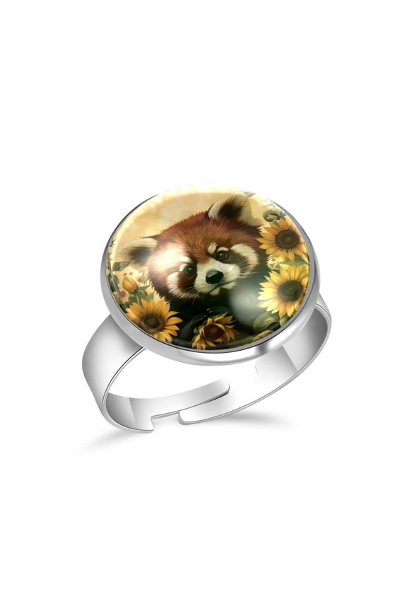Sunflowers Red Panda Pattern Stainless Steel Rings for Women, Open Adjustable Ring Promise Ring Jewelry Gifts