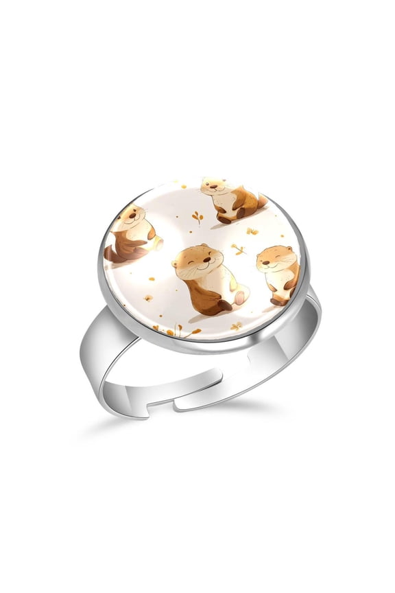 Sweet Otter Pattern Stainless Steel Rings for Women, Open Adjustable Ring Promise Ring Jewelry Gifts
