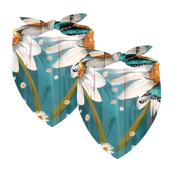 PhooArto Teal Daisy Butterfly Pattern Dog Bandanas, 2 Pack Soft Washable Pet Scarf Triangle for Large Dogs Puppies and Cats