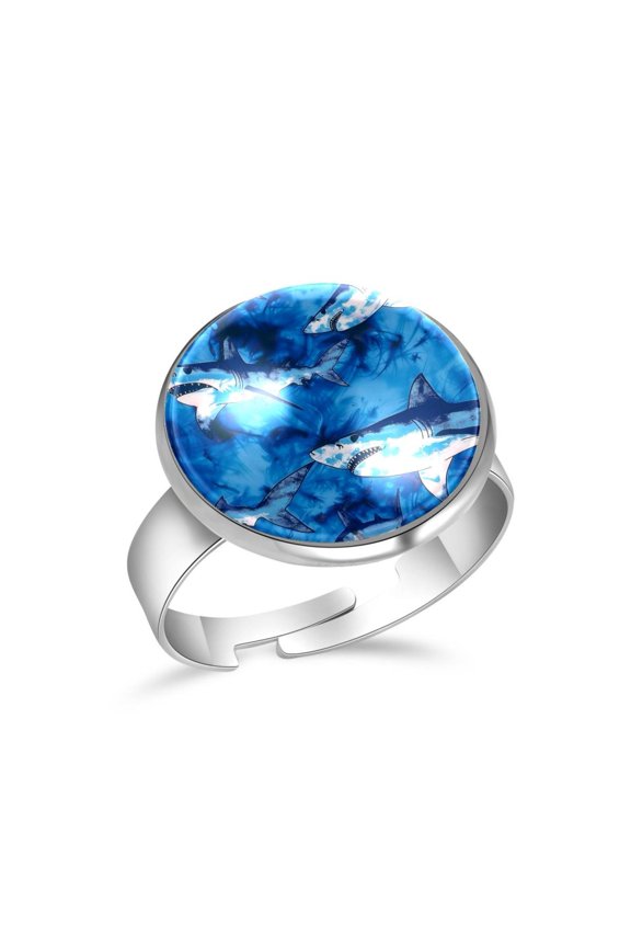 Tie Dye Blue Sharks Stainless Steel Rings for Women, Open Adjustable Ring Promise Ring Jewelry Gifts