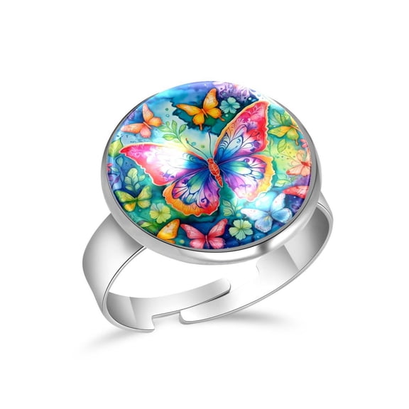 PhooArto Tie Dye Butterflies Pattern Stainless Steel Rings for Women, Open Adjustable Ring Promise Ring Jewelry Gifts
