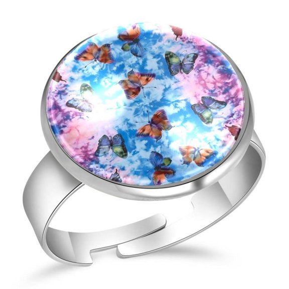 PhooArto Tie Dye Butterflies Stainless Steel Rings for Women, Open Adjustable Ring Promise Ring Jewelry Gifts