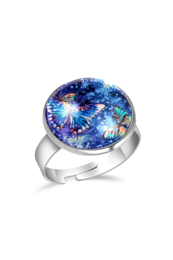 Tie Dye Color Butterflies Stainless Steel Rings for Women, Open Adjustable Ring Promise Ring Jewelry Gifts