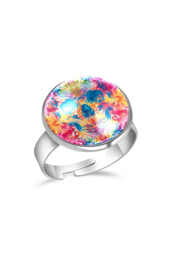 Tie Dye Skull Pattern Stainless Steel Rings for Women, Open Adjustable Ring Promise Ring Jewelry Gifts