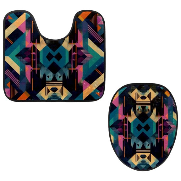 PhooArto Toilet Lid Cover and U-Shaped Toilet Floor Mat Set of 2 Pieces, Abstract Art Geometric Pattern Toilet Mat Set, Machine Washable Seat Covers Non-Slip Absorbent Rugs