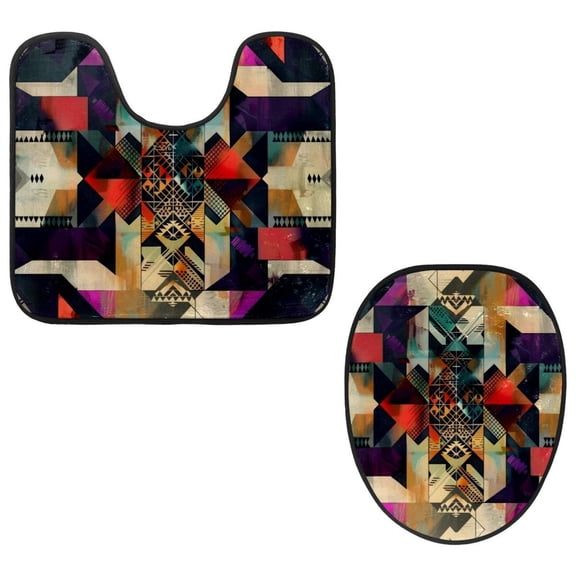 PhooArto Toilet Lid Cover and U-Shaped Toilet Floor Mat Set of 2 Pieces, Abstract Art Geometric Toilet Mat Set, Machine Washable Seat Covers Non-Slip Absorbent Rugs