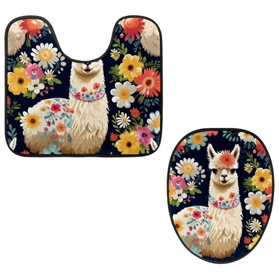 PhooArto Toilet Lid Cover and U-Shaped Toilet Floor Mat Set of 2 Pieces, Alpaca and Daisy Floral Pattern Toilet Mat Set, Machine Washable Seat Covers Non-Slip Absorbent Rugs