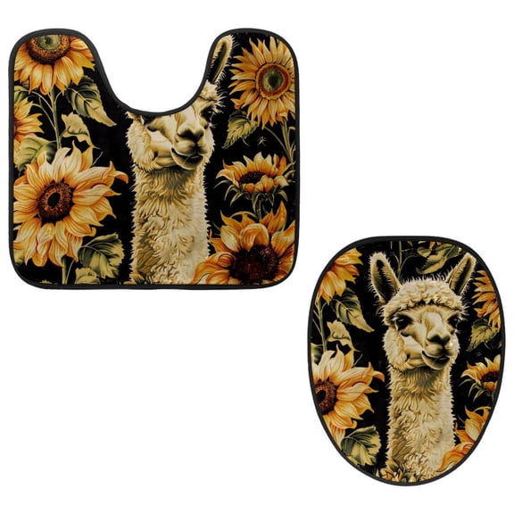 PhooArto Toilet Lid Cover and U-Shaped Toilet Floor Mat Set of 2 Pieces, Alpaca and Sunflower Pattern Toilet Mat Set, Machine Washable Seat Covers Non-Slip Absorbent Rugs