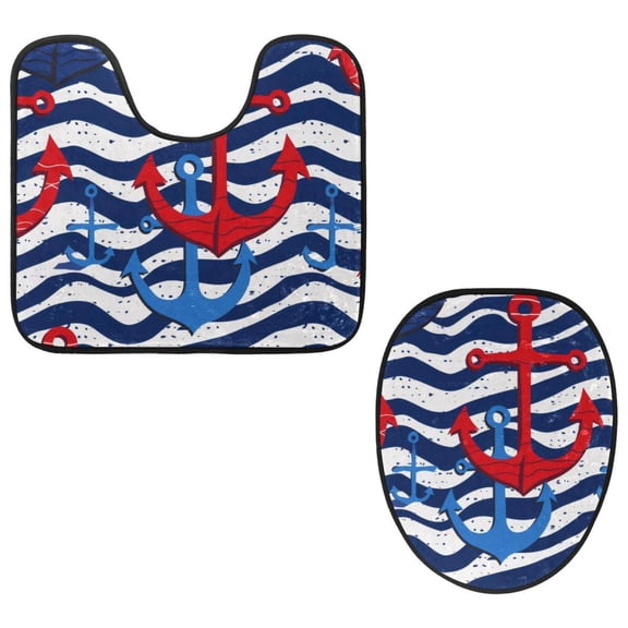 PhooArto Toilet Lid Cover and U-Shaped Toilet Floor Mat Set of 2 Pieces, Anchor Blue Wave Stripes Pattern Toilet Mat Set, Machine Washable Seat Covers Non-Slip Absorbent Rugs